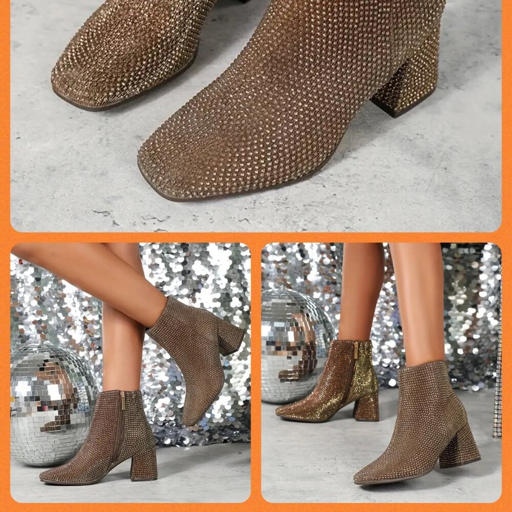 NWOT - Rhinestone Decor Chunky Heel Short Boots in Brown/Gold (Size 7)